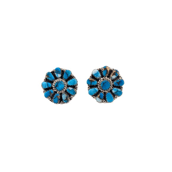 Navajo Floral Turquoise Stone Stud Earrings Sterling Silver Handmade Jewelry ** - Picture 11 of 13